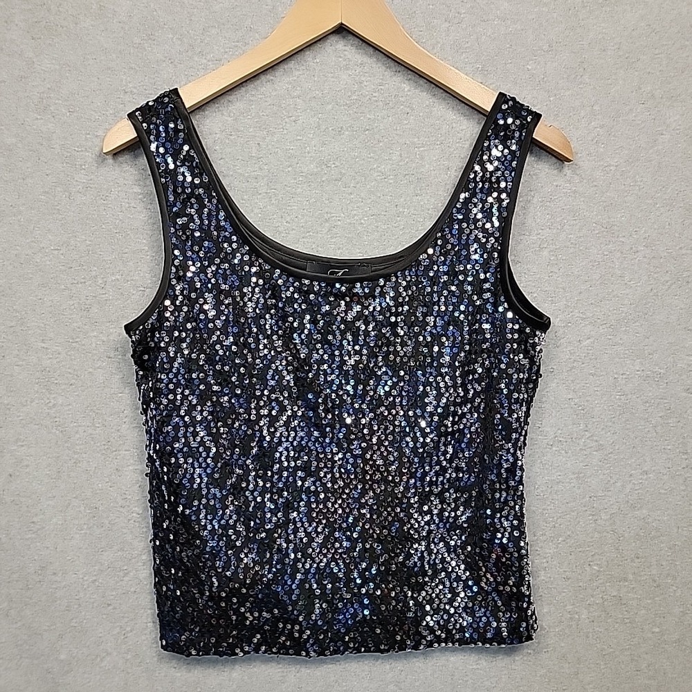 ALEX EVENINGS Sequin Scoop Neck Tank Top Sz M Blue Black Silver Lined Chic